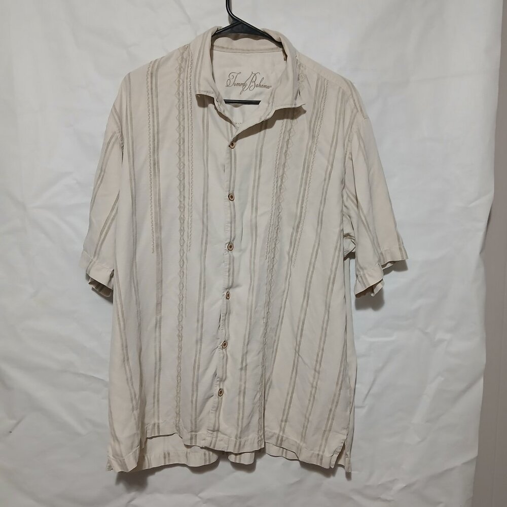 Tommy Bahama Embroidered 100% Silk Camp Shirt Cream Men's XL Button Up Hawaiian